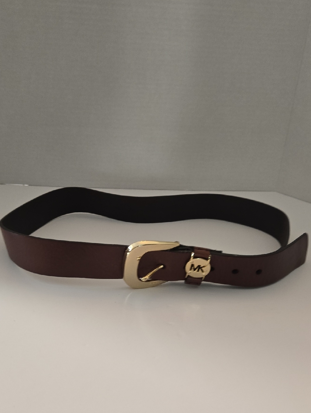 Michael Kors Dark Brown Leather Belt with Gold-Tone Buckle and MK Charm